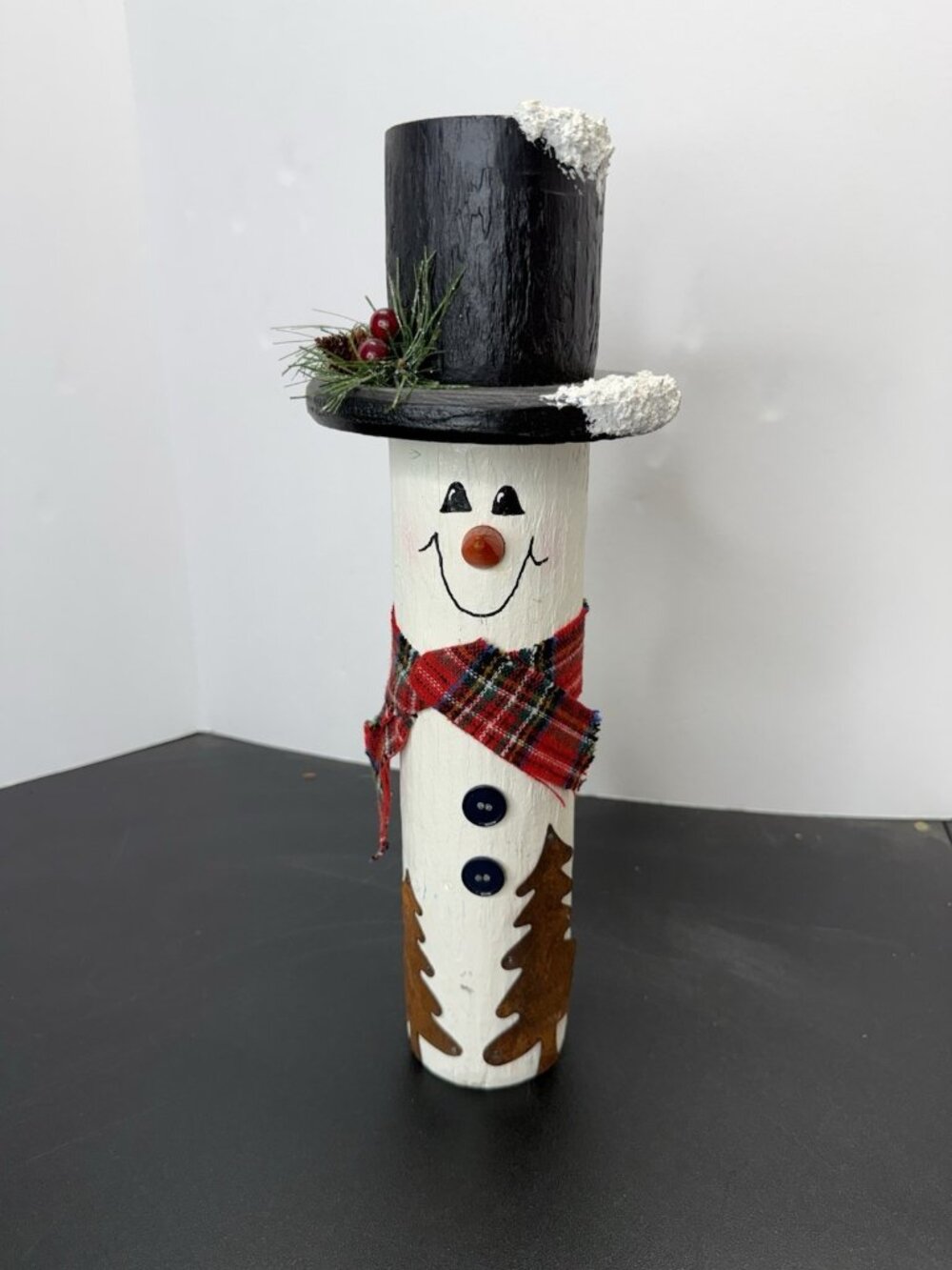 Vintage Primitive Folk Art 15.5" Solid Wood Snowman Winter Decoration Top Hat